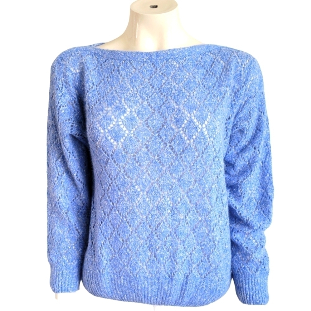 SHAPELY KNITS Vintage 80s Silk Angora Open Knit Sweater Sky Blue Coquette sz L